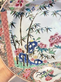 A set of five Chinese famille rose 'floral scroll painting' plates and three dishes, Qianlong