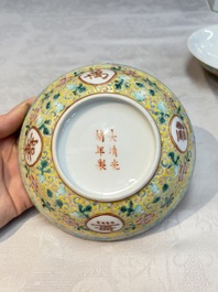 A Chinese qianjiang cai tray, two famille rose brush pots and a yellow-ground covered bowl, Tongzhi and Guangxu mark, 19/20th C.
