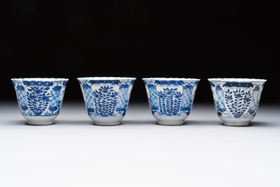 Eight Chinese blue and white cups and saucers, Kangxi mark, 19th C.