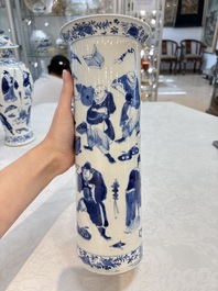 A Chinese blue and white garniture of four vases with figural design, Kangxi mark, 19th C.