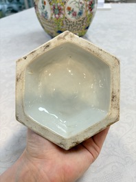 A Chinese famille rose yellow-ground hexagonal lantern and stand, Republic
