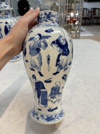 A Chinese blue and white garniture of four vases with figural design, Kangxi mark, 19th C.