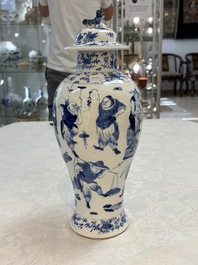 A Chinese blue and white garniture of four vases with figural design, Kangxi mark, 19th C.