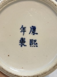 A Chinese blue and white garniture of four vases with figural design, Kangxi mark, 19th C.