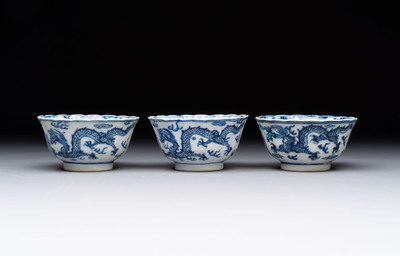 Ten Chinese blue and white cups and nine saucers, Kangxi mark, 19th C.