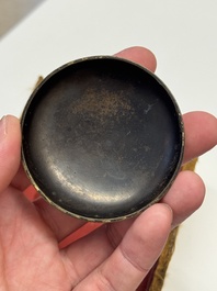 A Chinese gilt and silver inlaid bronze ink paste box and cover and with presentation box, Qianlong mark and possibly of the period