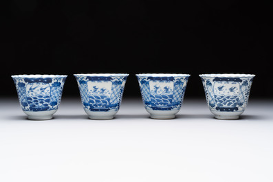Eight Chinese blue and white cups and saucers, Kangxi mark, 19th C.