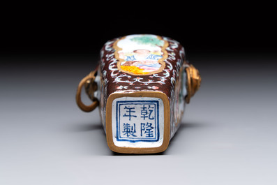 A square Chinese Canton enamel 'European subject' vase, Qianlong mark and probably of the period