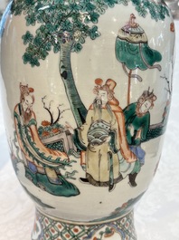 A pair of Chinese famille verte vases with narrative design, 19th C.