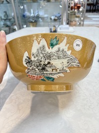 A Chinese famille rose capucin-ground bowl with landscape design, Qianlong