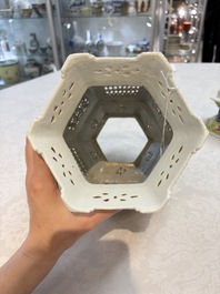 A Chinese famille rose yellow-ground hexagonal lantern and stand, Republic