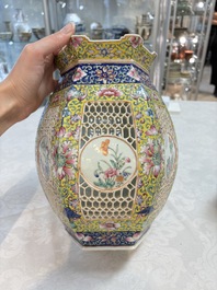 A Chinese famille rose yellow-ground hexagonal lantern and stand, Republic