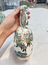 A Chinese wucai square covered container, a gilt bronze-mounted famille verte vase and a Canton famille verte bottle vase, Kangxi and later