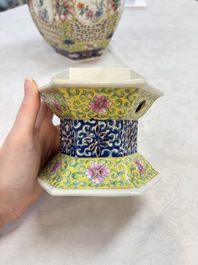 A Chinese famille rose yellow-ground hexagonal lantern and stand, Republic