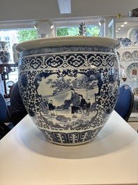A Chinese blue and white fish bowl with narrative design, 19th C.