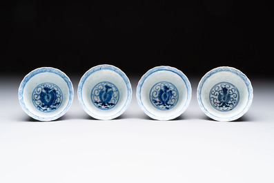 Eight Chinese blue and white cups and saucers, Kangxi mark, 19th C.