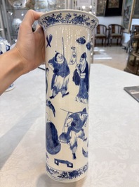 A Chinese blue and white garniture of four vases with figural design, Kangxi mark, 19th C.