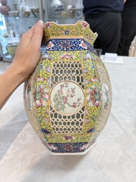 A Chinese famille rose yellow-ground hexagonal lantern and stand, Republic