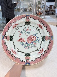 A large Chinese famille rose bianco-sopra-bianco 'peonies' dish, Yongzheng