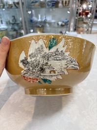 A Chinese famille rose capucin-ground bowl with landscape design, Qianlong