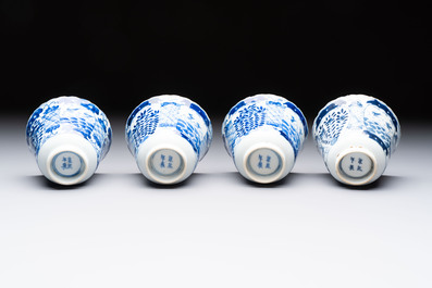 Eight Chinese blue and white cups and saucers, Kangxi mark, 19th C.