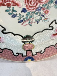 A large Chinese famille rose bianco-sopra-bianco 'peonies' dish, Yongzheng