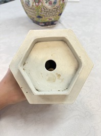 A Chinese famille rose yellow-ground hexagonal lantern and stand, Republic