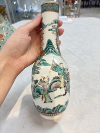 A Chinese wucai square covered container, a gilt bronze-mounted famille verte vase and a Canton famille verte bottle vase, Kangxi and later