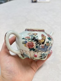 A Chinese famille rose 'roosters' covered teapot and two cups and saucers, Yongzheng