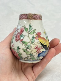 Three fine Chinese famille rose covered milk jugs and a grisaille and iron-red-decorated tea caddy with silver cover, Yongzheng/Qianlong
