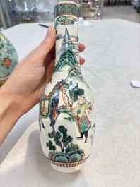 A Chinese wucai square covered container, a gilt bronze-mounted famille verte vase and a Canton famille verte bottle vase, Kangxi and later