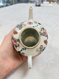 A Chinese famille rose 'roosters' covered teapot and two cups and saucers, Yongzheng