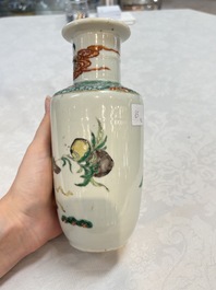 A Chinese famille rose vase with narrative design and a famille verte vase, Qianlong mark, 19th C.