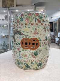 A Chinese famille rose celadon-ground garden seat, 19th C.