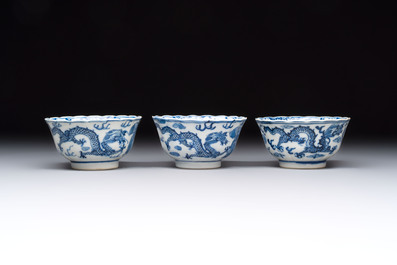 Ten Chinese blue and white cups and nine saucers, Kangxi mark, 19th C.