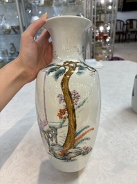 A Chinese famille rose vase with narrative design and a famille verte vase, Qianlong mark, 19th C.