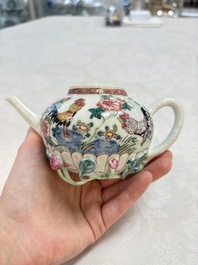 A Chinese famille rose 'roosters' covered teapot and two cups and saucers, Yongzheng