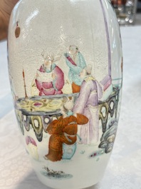 A Chinese famille rose vase with narrative design and a famille verte vase, Qianlong mark, 19th C.