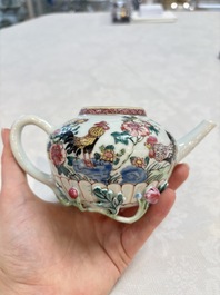 A Chinese famille rose 'roosters' covered teapot and two cups and saucers, Yongzheng