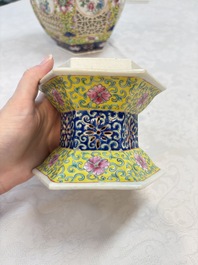 A Chinese famille rose yellow-ground hexagonal lantern and stand, Republic