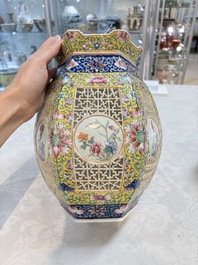 A Chinese famille rose yellow-ground hexagonal lantern and stand, Republic