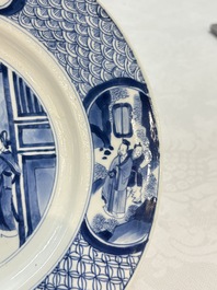 A Dutch-decorated Chinese plate, an Imari-verte dish and a blue and white dish, Kangxi/Yongzheng