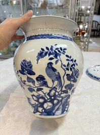 A Chinese blue and white 'birds among flowering branches' vase and cover, 19th C.