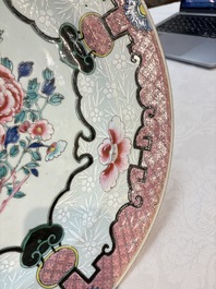 A large Chinese famille rose bianco-sopra-bianco 'peonies' dish, Yongzheng