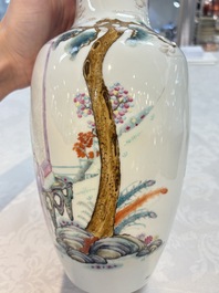 A Chinese famille rose vase with narrative design and a famille verte vase, Qianlong mark, 19th C.