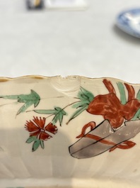A Dutch-decorated Chinese plate, an Imari-verte dish and a blue and white dish, Kangxi/Yongzheng