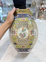 A Chinese famille rose yellow-ground hexagonal lantern and stand, Republic