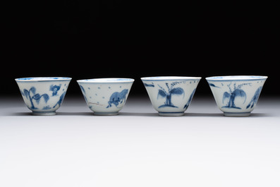 Four Chinese blue and white 'boy and buffalo' cups, Qi Yue Ru Yu 奇玥如玉 and Kun Chi Yu Shi 崑池玉石 marks, Yongzheng