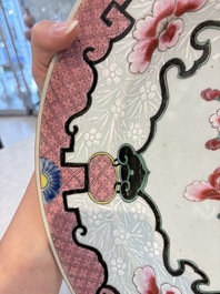 A large Chinese famille rose bianco-sopra-bianco 'peonies' dish, Yongzheng