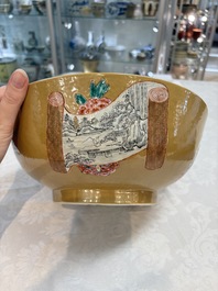 A Chinese famille rose capucin-ground bowl with landscape design, Qianlong